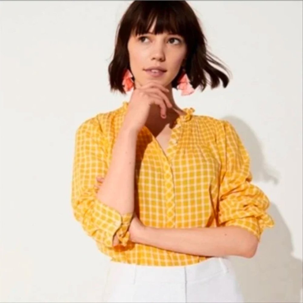 J. Crew Yellow Gingham Windowpane Popover Pintuck Top
